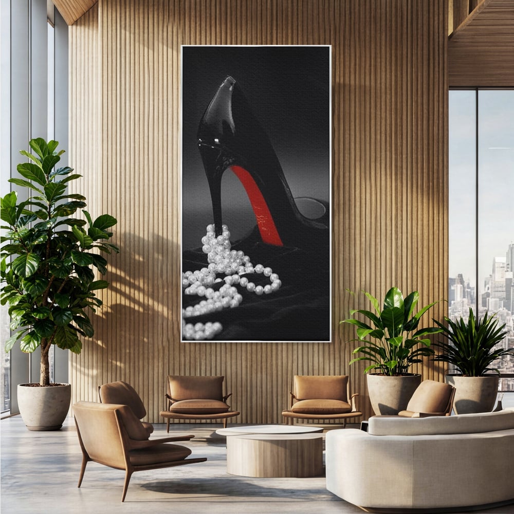 Tablou canvas cu tablou canvas cu pantof si perle, in rama de aluminiu argintiu, pe perete intr-un birou